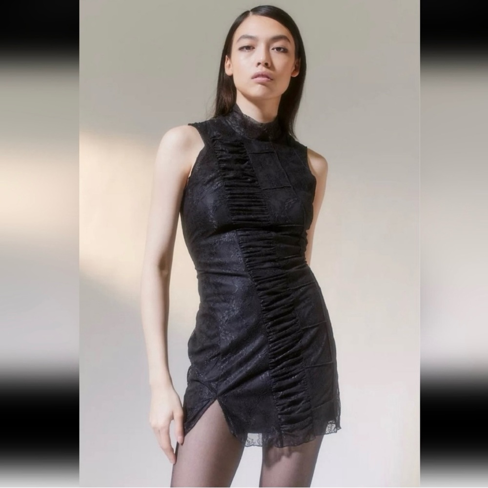Urban Outfitters NWT Black Estee Ruched Lace Mini Dress